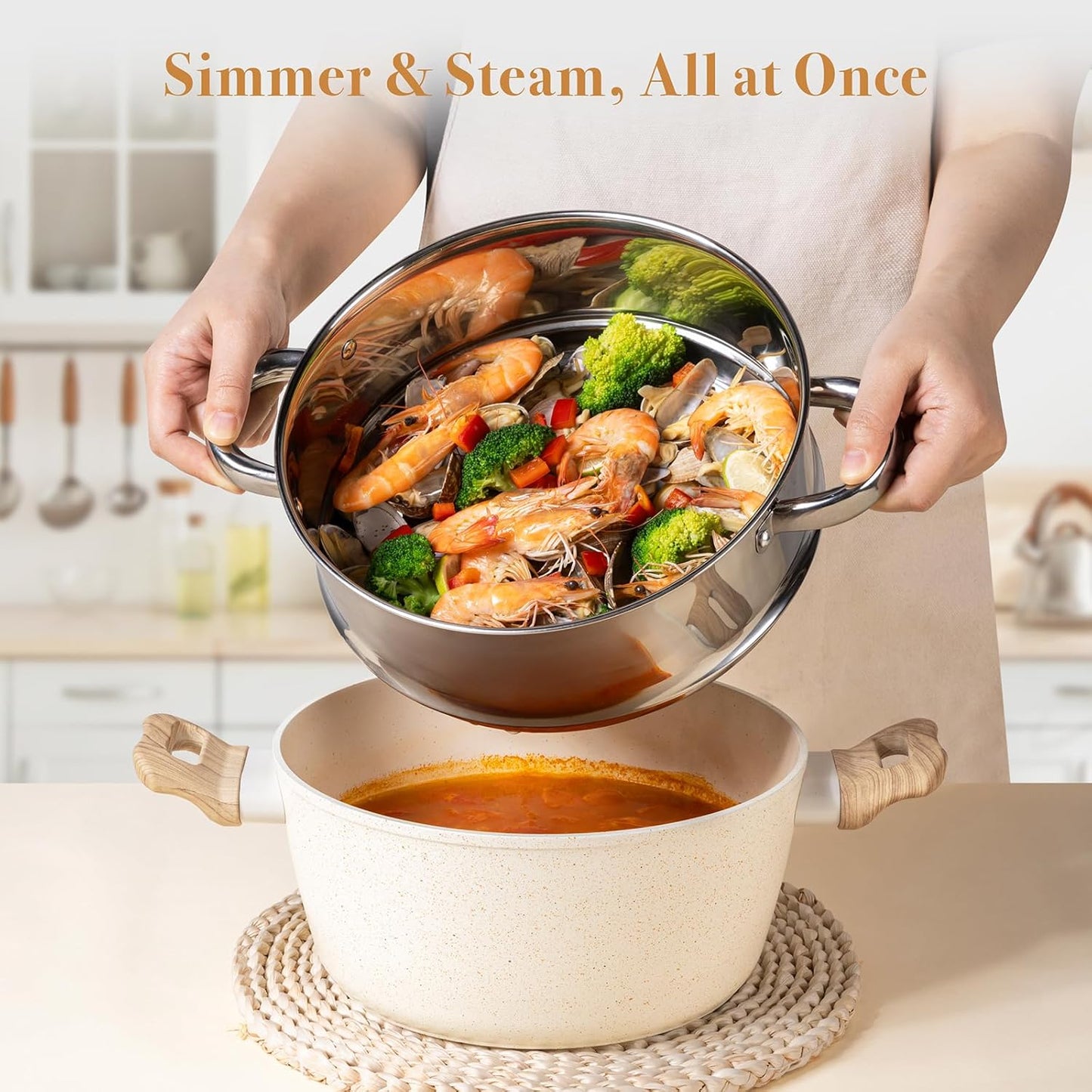 PekGema 14 Pcs Ceramic Cookware Sets, Pots and Pans Set Nonstick, Non Toxic Healthy Non stick Kitchen Cooking Set, Induction Cookware with Frying Pan Set, PFAS PTFE PFOA FREE, White