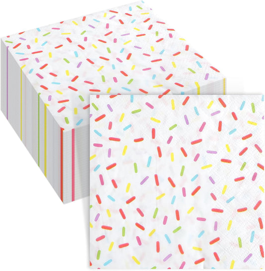 100 Pcs Sprinkles Napkins 2 Ply Disposable Paper Napkins for Baby Shower Birthday Party Theme Table Decor Supplies(White,Donut)