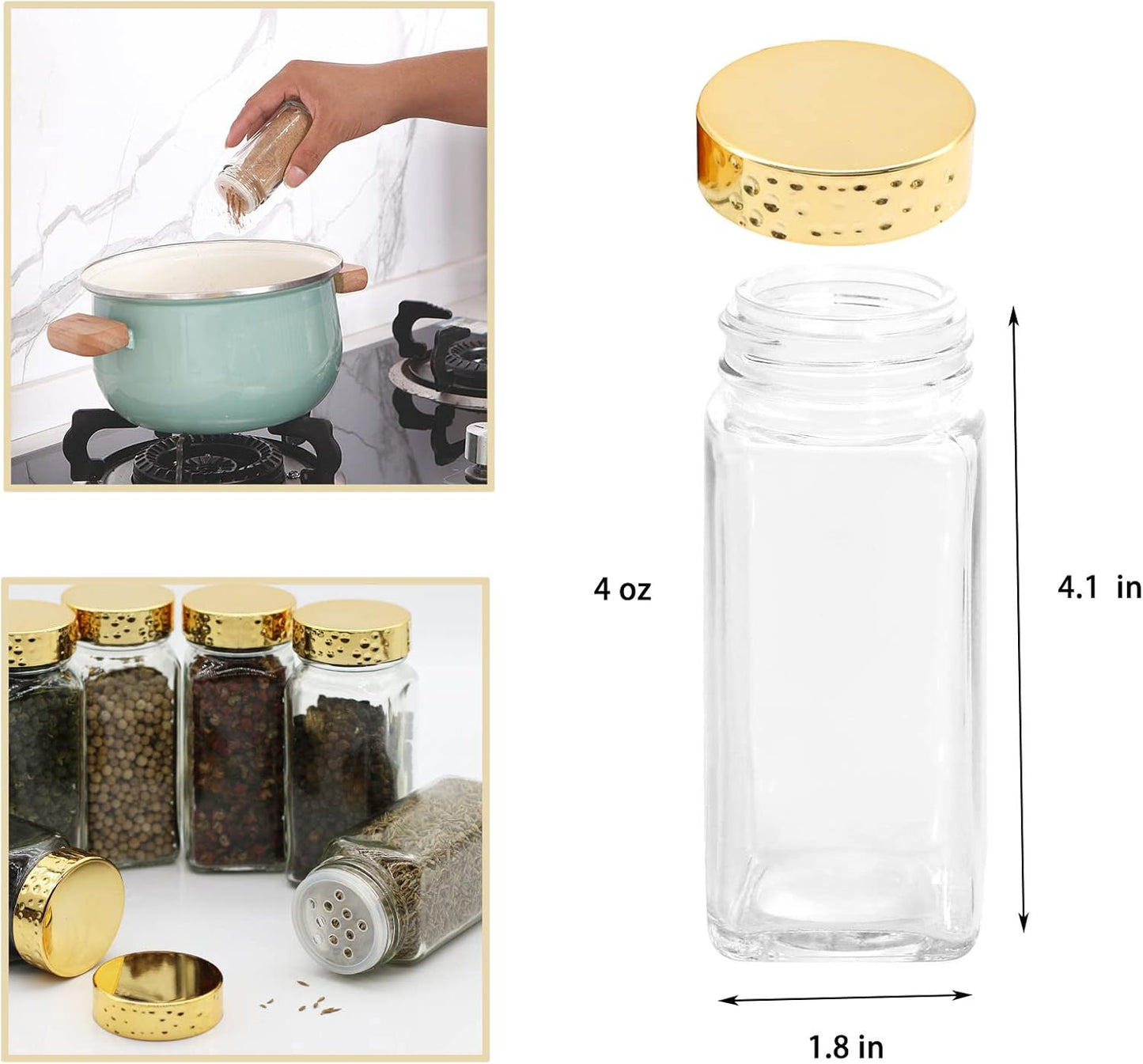 6pcs Gold Spice Jars, 4 oz Glass Seasoning Bottles, Spices Container, Empty Spice Jars, Square Spice Bottles with Airtight Plastic Caps with Shaker Lids