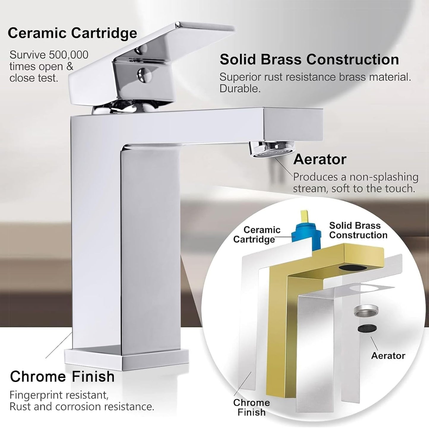 Solid Brass Chrome Bathroom Faucet, Bathroom Sink Faucet for 1 Hole,CEC & cUPC Certified Lead-Free Single Handle Vanity Faucet with Two Flexible Hoses(Hot and Cold) & Pop Up Drain Stopper