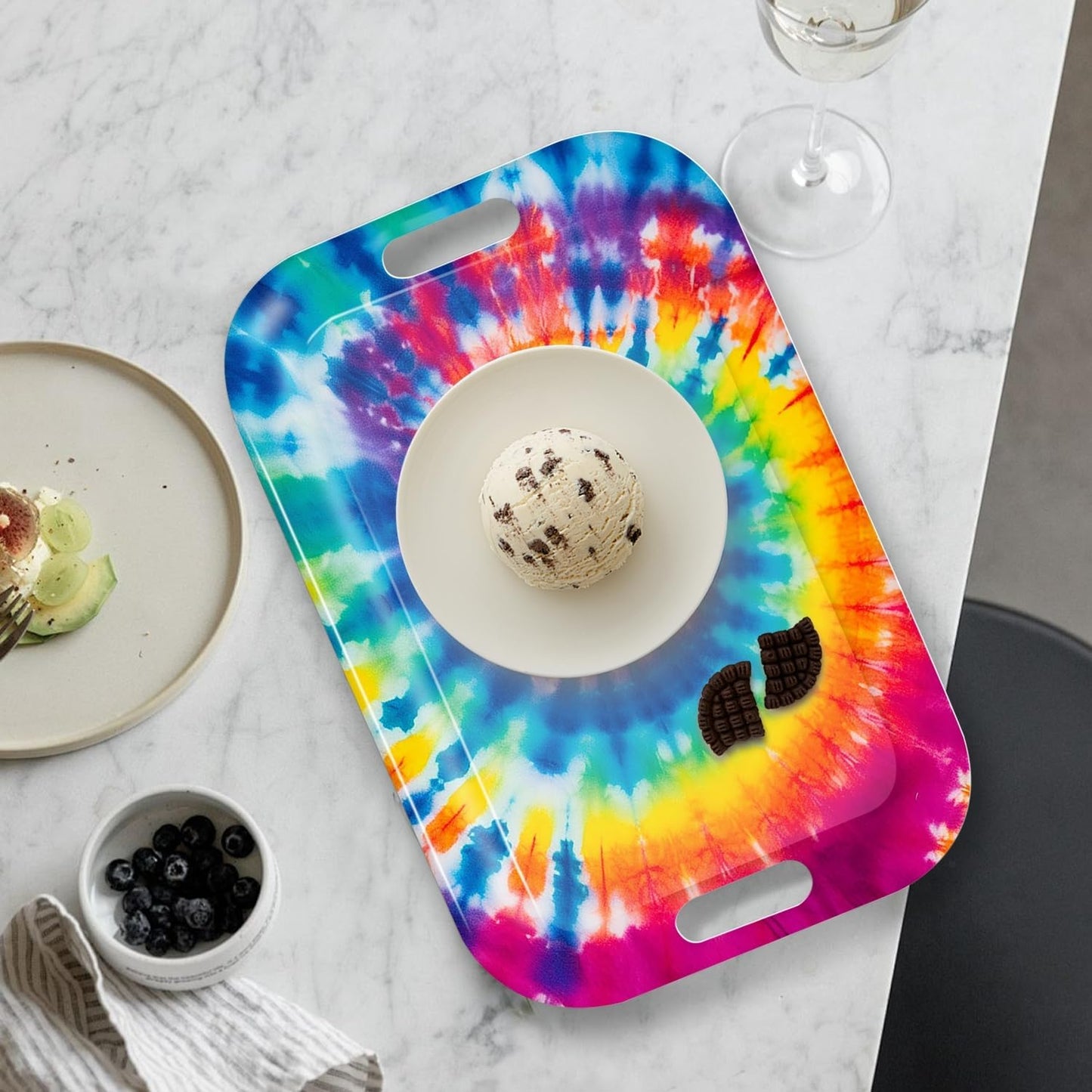 Serving Trays with Handles, 14.5 x 9.8 inch Rectangular Plastic Tray for Restaurant, Kitchen, Tie-Dye Colorful Spiral Patterns