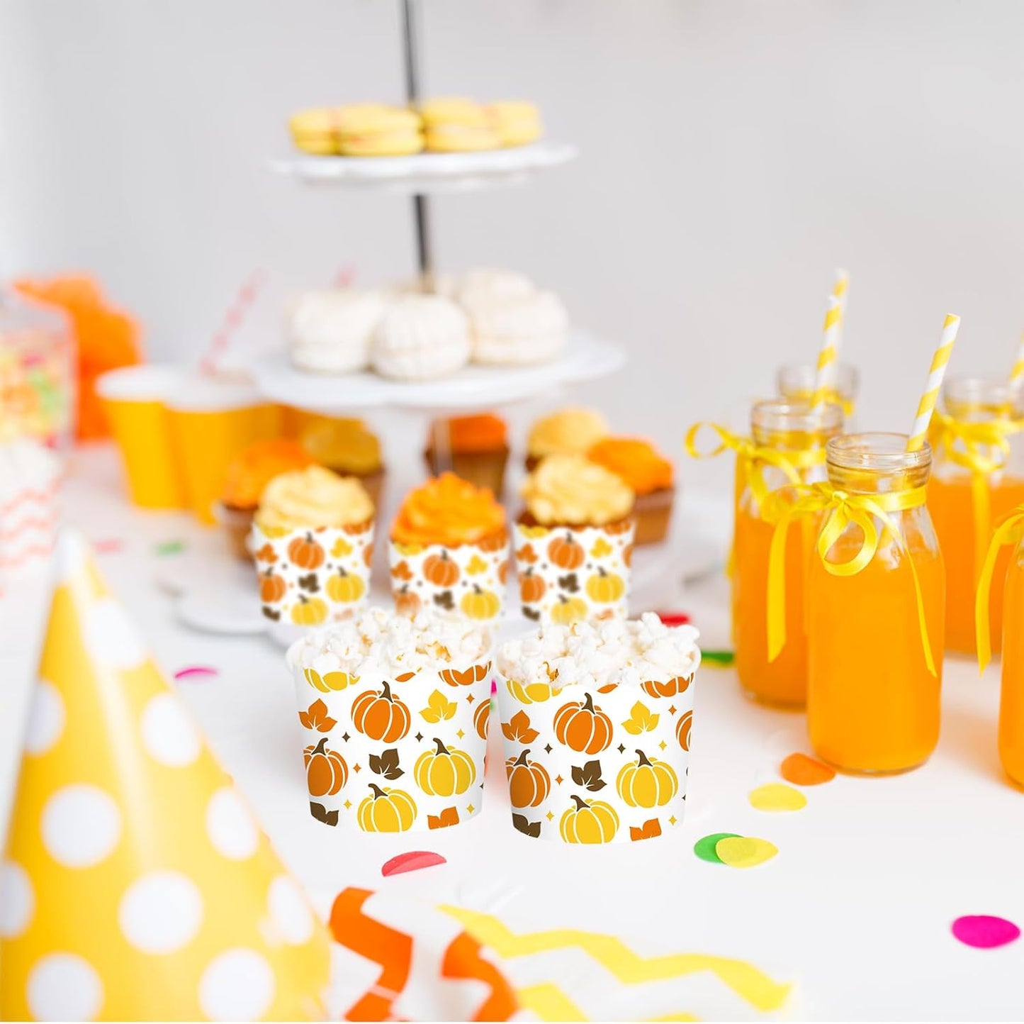 Whaline 100Pcs Fall Paper Baking Cups Pumpkin Maple Leaf Cupcake Wrappers Orange Yellow Brown Scalloped Edge Cupcake Muffin Cases for Autumn Thanksgiving Dessert Decoration