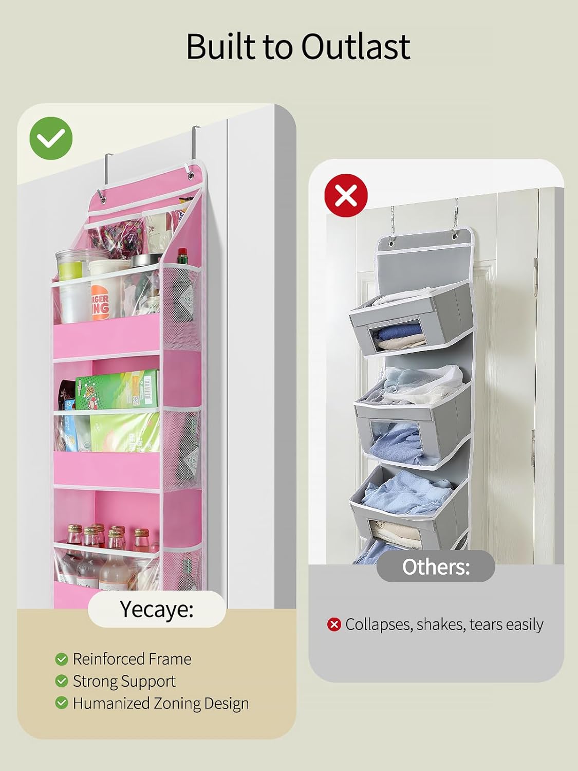Yecaye 5 Tier Over the Door Organizer, Swing-proof Door Organizer Hanging with Clear PVC Windows, Behind the Door Storage for Bedroom Nursery Closet Laundry Pantry Bathroom, Bubblegum Pink