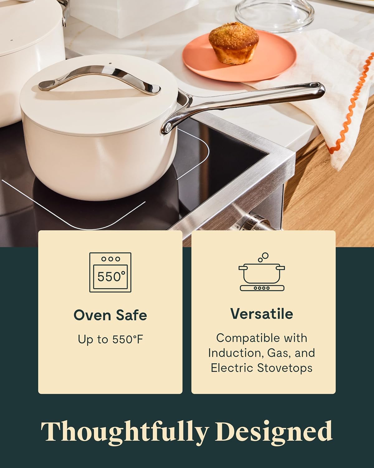 Caraway Nonstick Ceramic Sauce Pans with Lids (3 qt & 1.75 qt) - Non Toxic, PTFE & PFOA Free - Oven Safe & Compatible with All Stovetops (Gas, Electric & Induction) - Cream