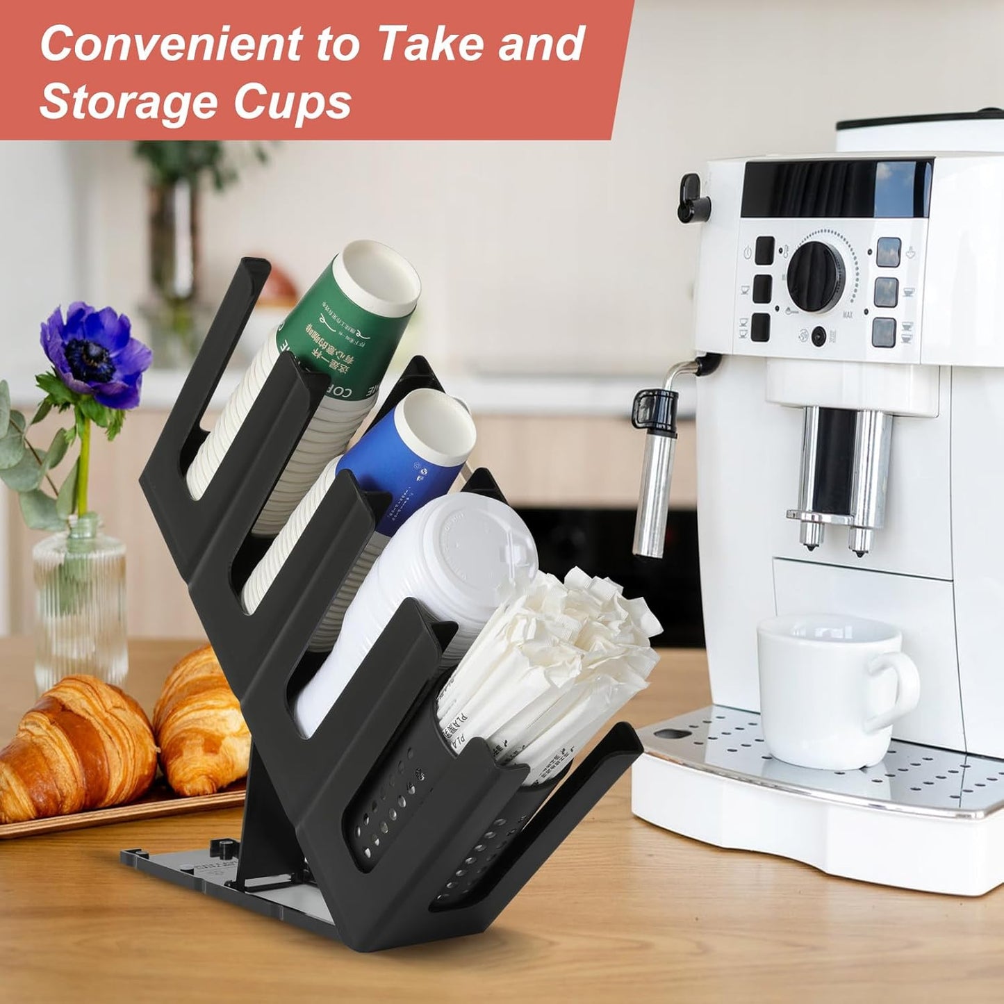 Paper Cup and Lid Holder with Straw Organizer,4 Compartment Adjusting,Coffee Cup Dispenser for Countertop,Coffees Station,Bar Restaurant,Black