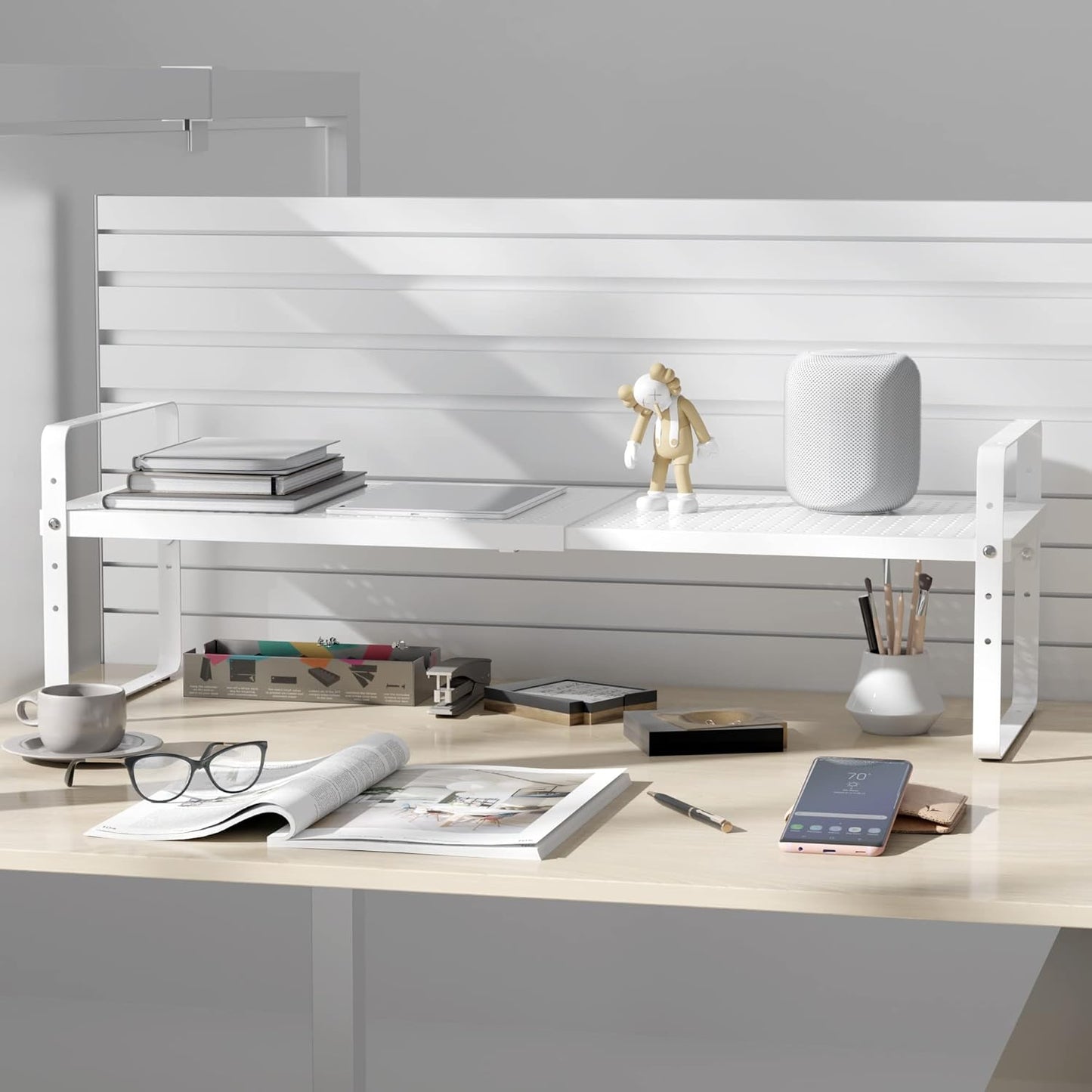 Expandable Cabinet Shelf Organizer Adjustable Metal Spice Rack Stackable Freestanding Counter Storage Shelves for Kitchen Cabinet Under Sink Office Desk (White - 1Pack - L16.5-27'' * W8'' * H9.6'')