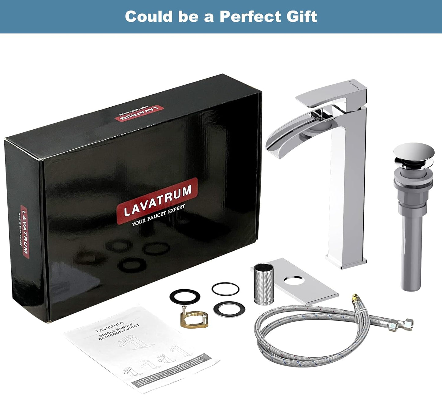 Bathroom Faucet Tall Vessel Sink Waterfall Faucet Deck Mount Single Handle Lavatory with Water Supply Line（Polished Chrome）