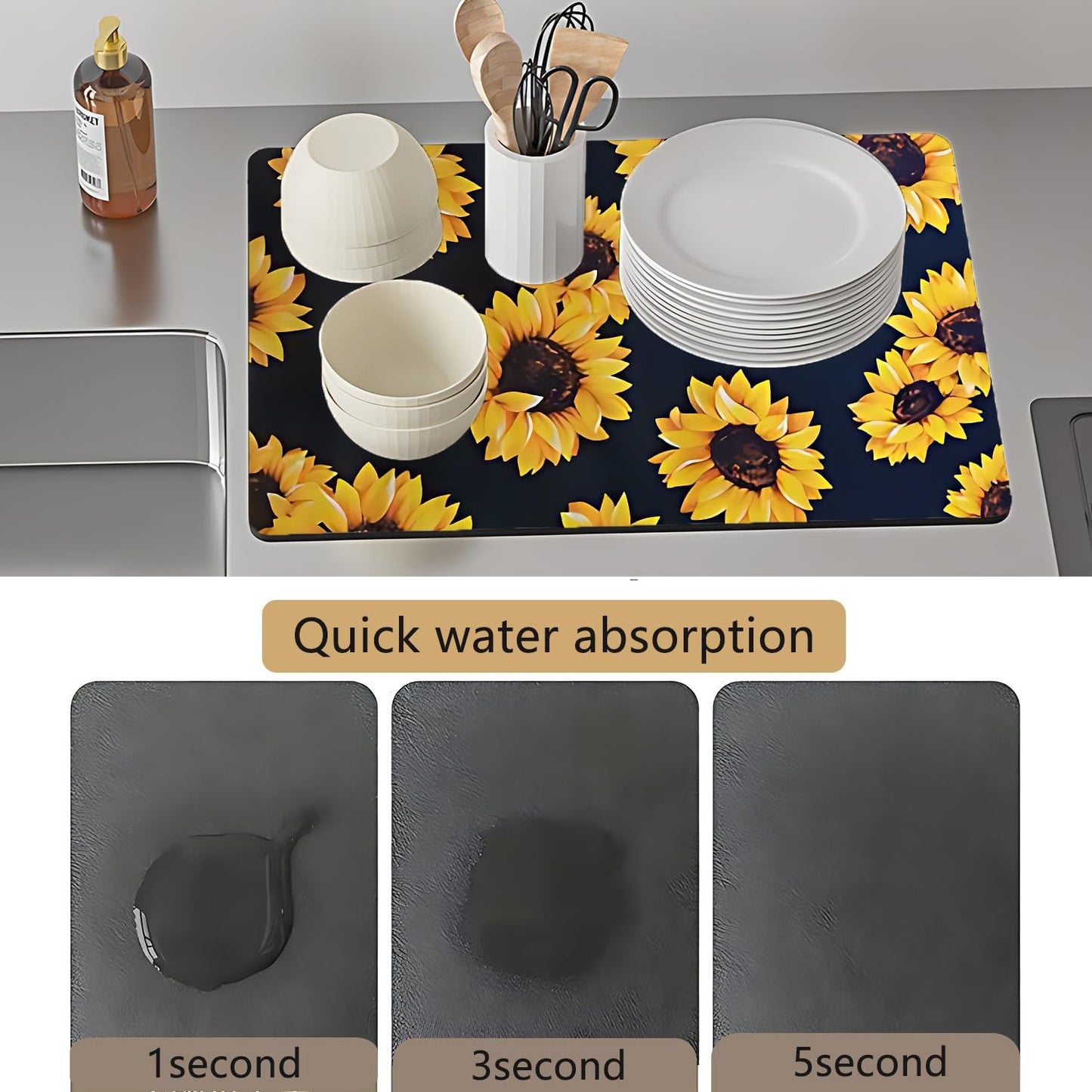 Dish Drying Mat Foldable Fall Kitchen Drying Mat Absorbent Sink Mat Multi-Purpose Coffee Pad Easy To Clean,Kitchen Gadgets,sunflower decor(sunflower) (17inches*24inches)