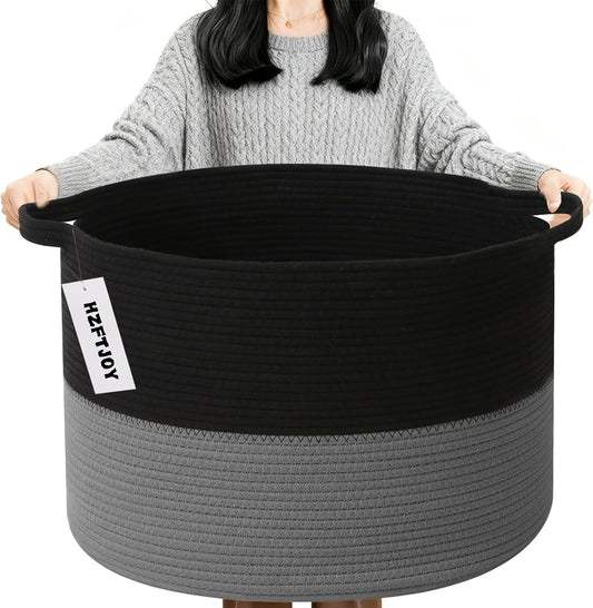 Large Blanket Basket for Organizing,115L Closet Organizers and Storage Bins Box for Shelves Woven Rope Storage Baskets,Living Room,Bedroom,Dorm,Laundry room (Black&Dark Grey)