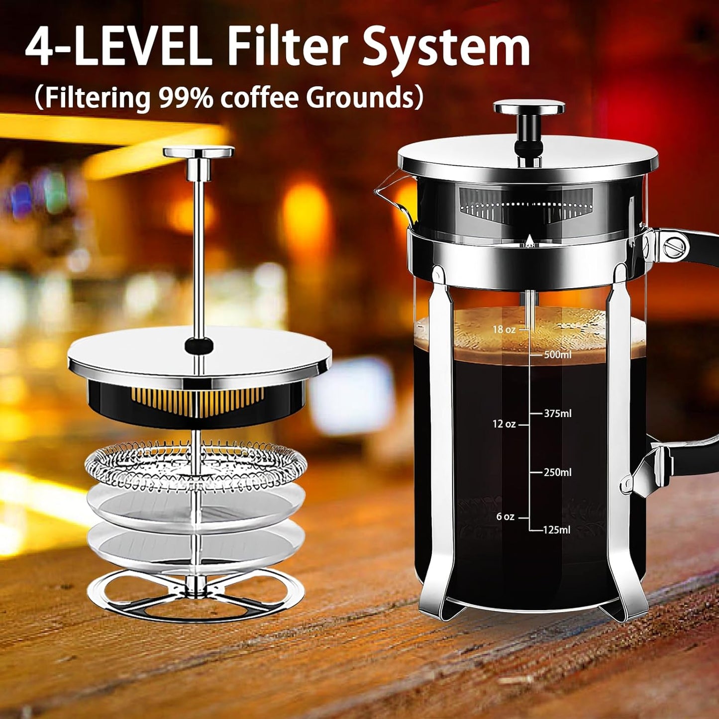 French Press Coffee Maker 304 Stainless Steel Coffee Press,with 4 Filters System, Heat Resistant Thickness Borosilicate French Press Glass, BPA-Free Brewed Tea Pot Coffee Plunger(Copper 12oz)