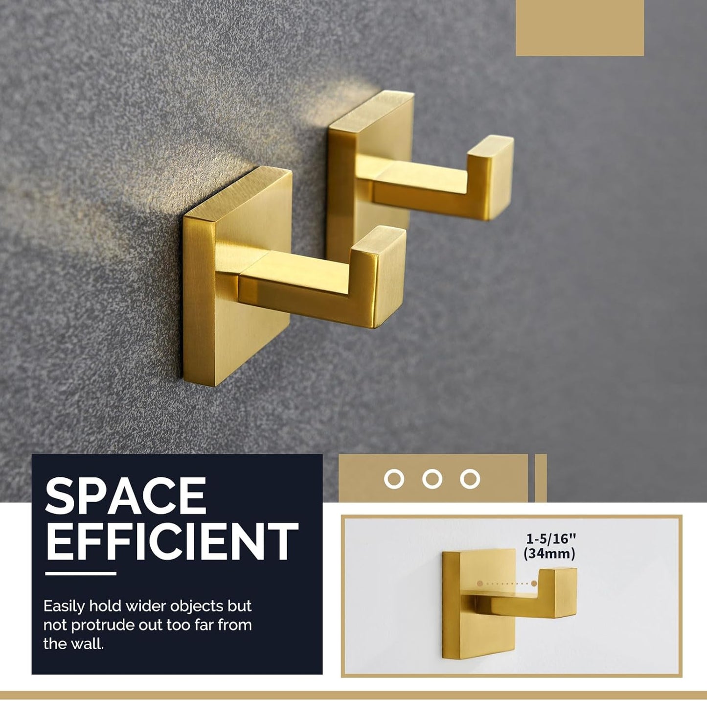 Angle Simple Towel Hook Brushed Gold 2 Pack, 304 Stainless Steel Square Robe Hook for Bathroom