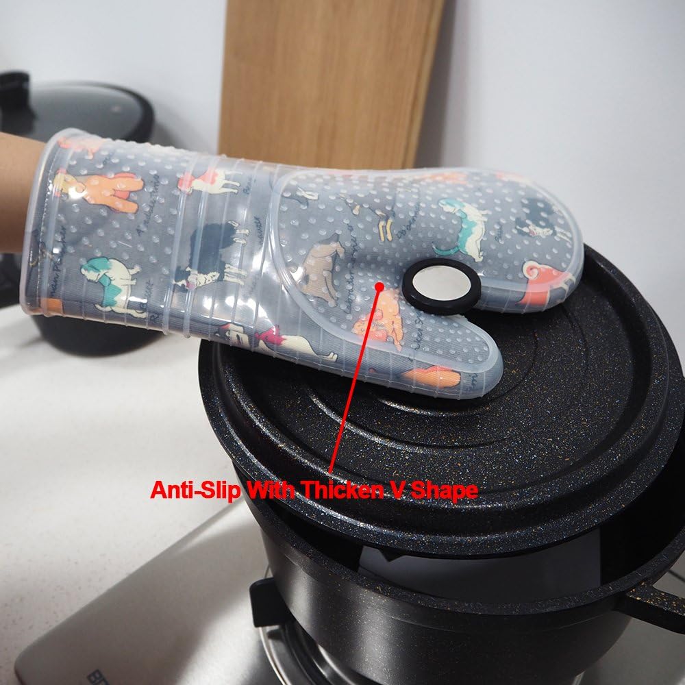 Oven Mitts Set of 2 with Transparent Clear Silicone Shell and Nice Dog Printing Cotton Lining, Heat Resistant to 500 F Kitchen Oven Gloves Pot Holder for Cooking (Gray)