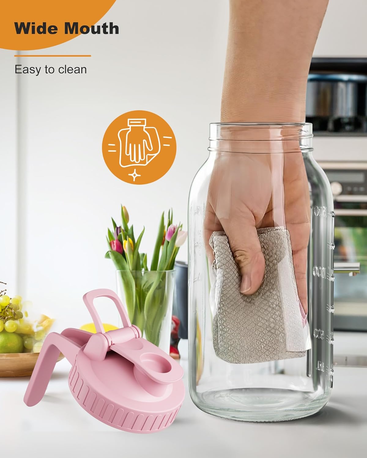 64oz Glass Mason Jar Pitcher with Lid and Spout, 2 Quart Airtight Glass Water Jug, Leakproof Wide Mouth Mason Jar Pitcher for Iced Sun Tea, Milk Storage, Cold Brew Coffee, Juice, Pink