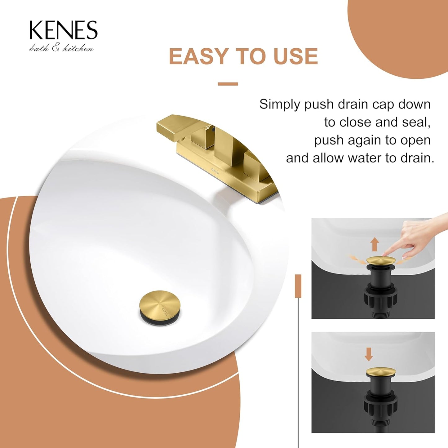 KENES Bathroom Vessel Sink Pop Up Drain Without Overflow Assembly, Lavatory Vanity Sink Drain Stopper, Anti-Clogging Drain Strainer, Brushed Gold, KE-P300A-4