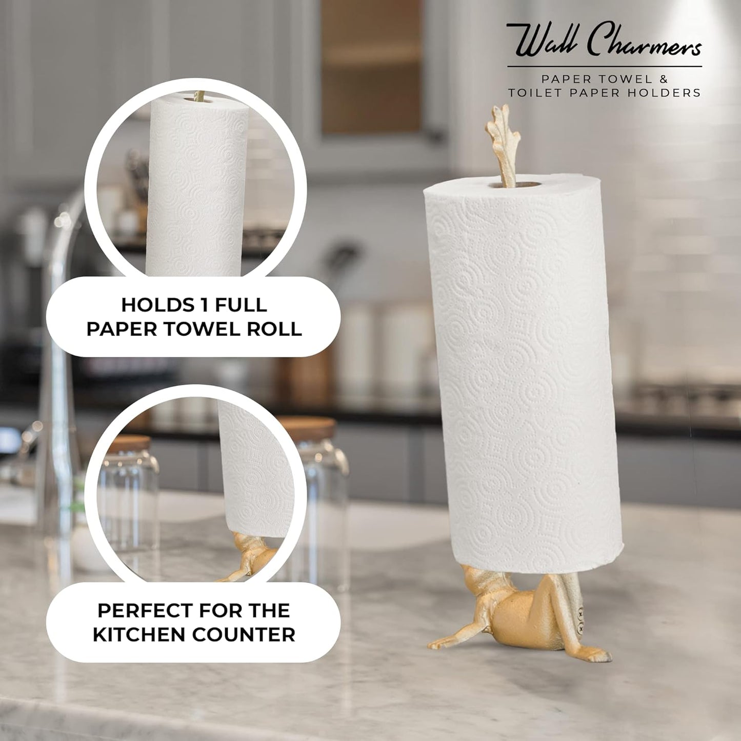 WallCharmers Gold Paper Towel Holder, Metal Toilet or Kitchen Paper Holder for Floor or Countertop, Gold Frog