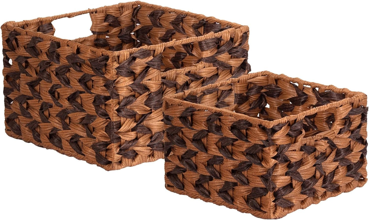 Wicker Baskets, Decorative Storage Boxes with Handles, Rectangular Plastic Wicker Woven Storage Basket for Organizing, 2 Pack Large and Small (Brown & Gray)