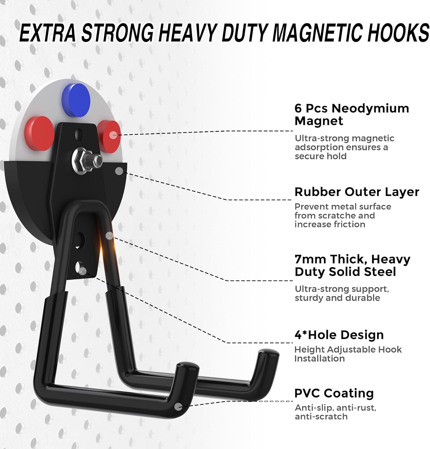 3Pcs Heavy Duty Storage Magnetic Utility Hooks Large Garage Strong Extra Magnet Hooks Hanger with Anti-Slip Coating Heavy Duty Magnetic Hooks for Hanging Power Dril Garage Garden Tools Black