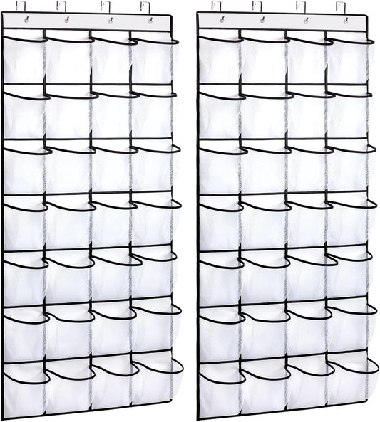 REGELETO 2 Pack 28 Pocket Over the Door Shoe Organizer, Hanging Shoe Rack for Door Large Capacity Shoe Organizer Holder with 4 Metal Hooks (White-2Pack)