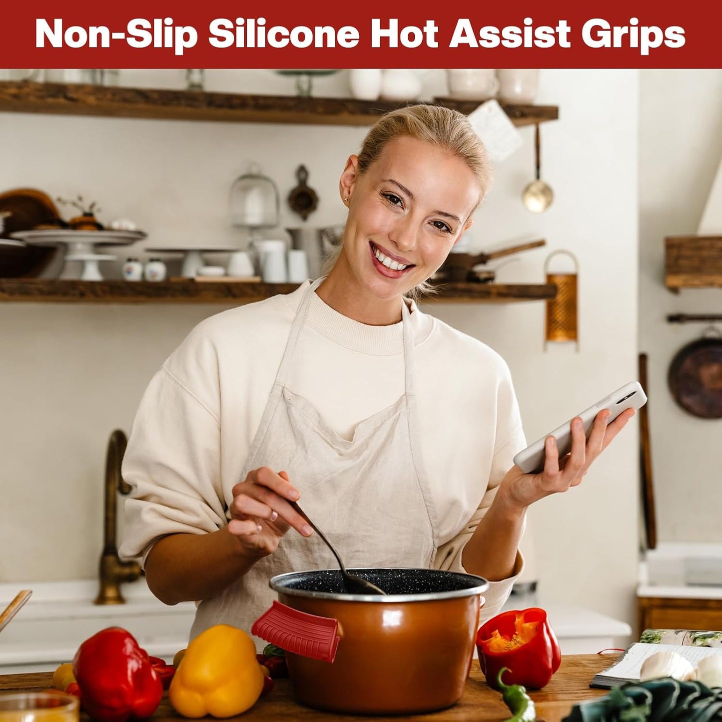 Patelai 4 Pcs Silicone Assist Hot Pan Handle Holder Pot Handle Covers for Cast Iron Skillets Holder Sleeve Nonslip Heat Resistant Pan Cover for Enameled Griddles Casserole Frying Cookware(Red)