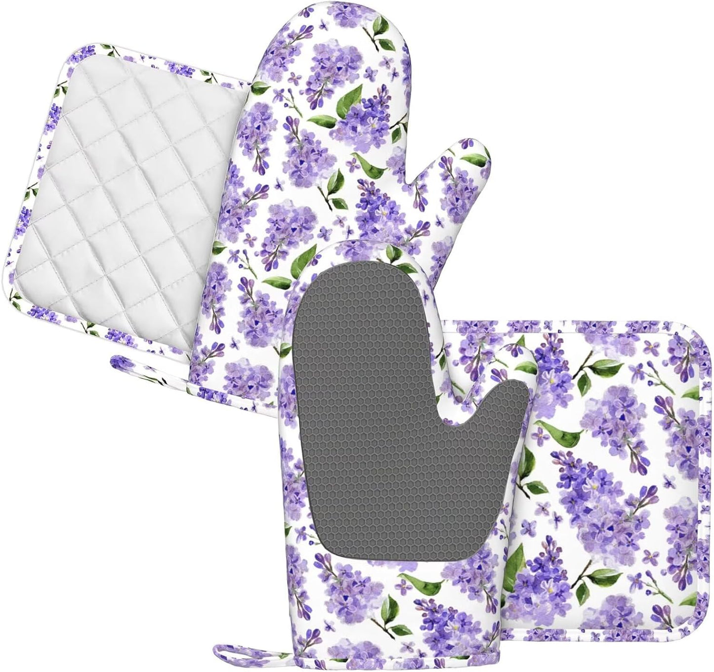 Lavender Oven Mitts and Pot Holders 4 pcs Set Silicone Lilac Flower Kitchen Oven Mitt Gloves Lavenders Pot Holders Non-Slip Heat Resistant Cooking Mitts Set for Kitchen Baking Grilling