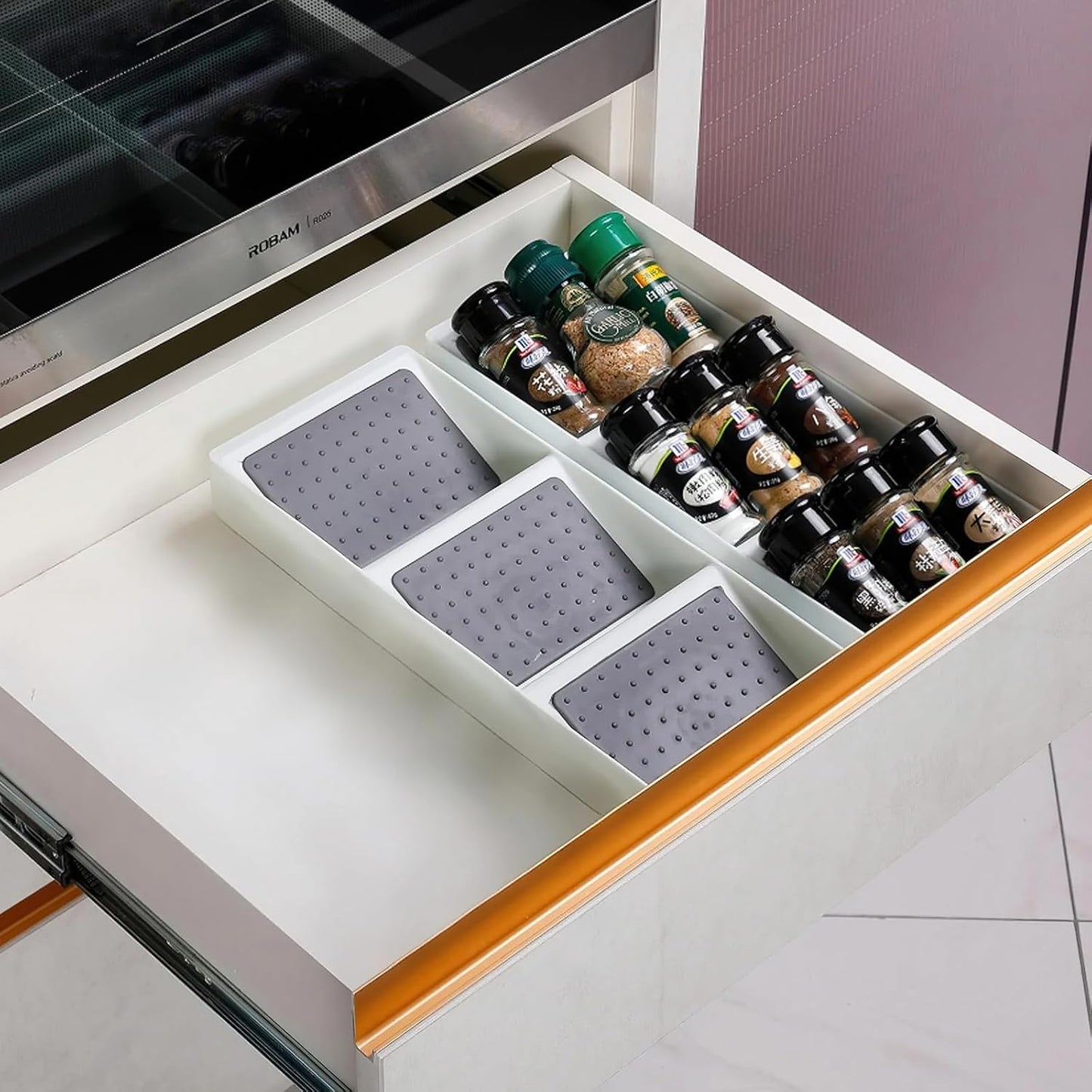 Spice Drawer Organizer, 3 Tier Non-Slip Silicone Seasoning Jars Drawer Insert, Spice Rack Organization for Drawer, Kitchen Spice Rack Tray for Cabinet Countertop Makeup Storage-1 Pack