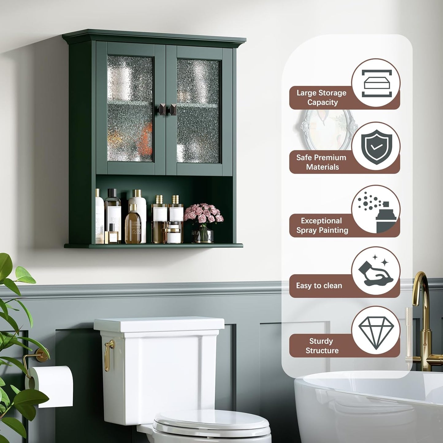 Bathroom Cabinet Wall Mount, Medicine Cabinet Over Toilet Storage Cabinet with Glass Door Build-in Spirit Level Cupboard Hanging Storage for Bathroom Laundry Kitchen Living Room (Forest Green)
