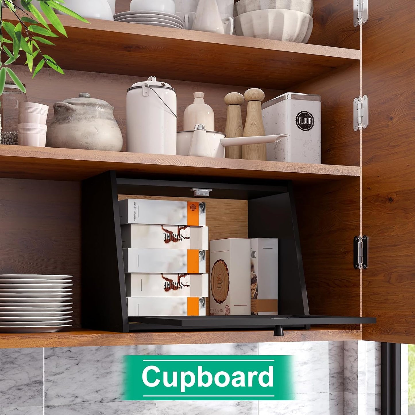 Large Bread Box for Kitchen Counter, Black Bamboo Bread Storage Container with Wavy Arcylic Transparent Door, Bamboo Wooden Farmhouse Bread Box for Your House