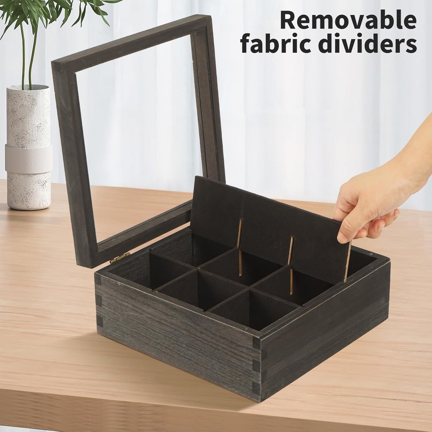 Black Wood Tea Bag Organizer, 9 Compartment Multi-Functional Tea Box and Storage Organizer,Tea Storage Chest with Acrylic Lid