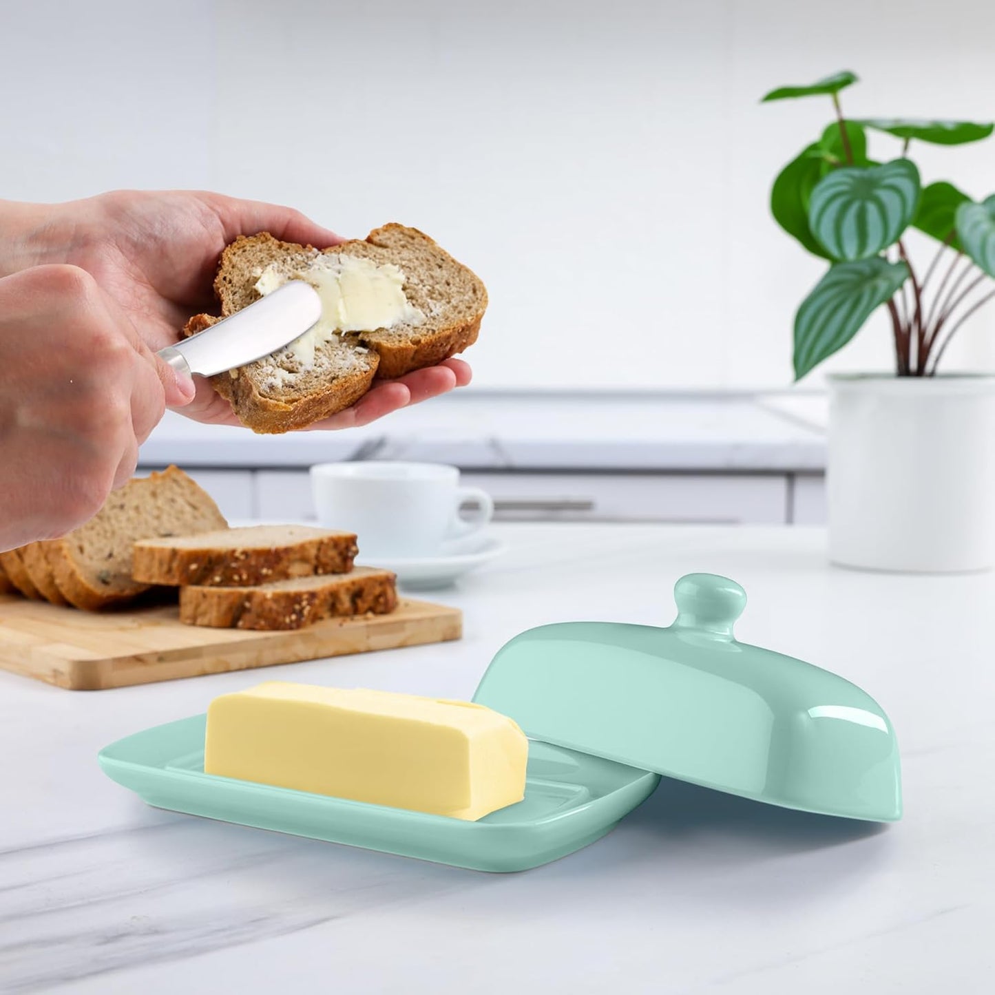 Zulay Butter Dish With Lid For Countertop - Porcelain White, Ceramic Butter Dish with Knob Handle Great for Cooking - Elegant Design Butter Holder - Durable & Sturdy Butter Keeper - Mint
