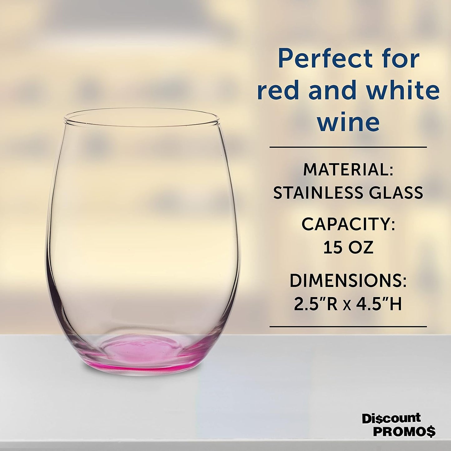 DISCOUNT PROMOS Stemless Wine Glasses in Bulk by ARC Perfection, 15 oz, 10 pack, Red or White Wine Glass Set, Pink
