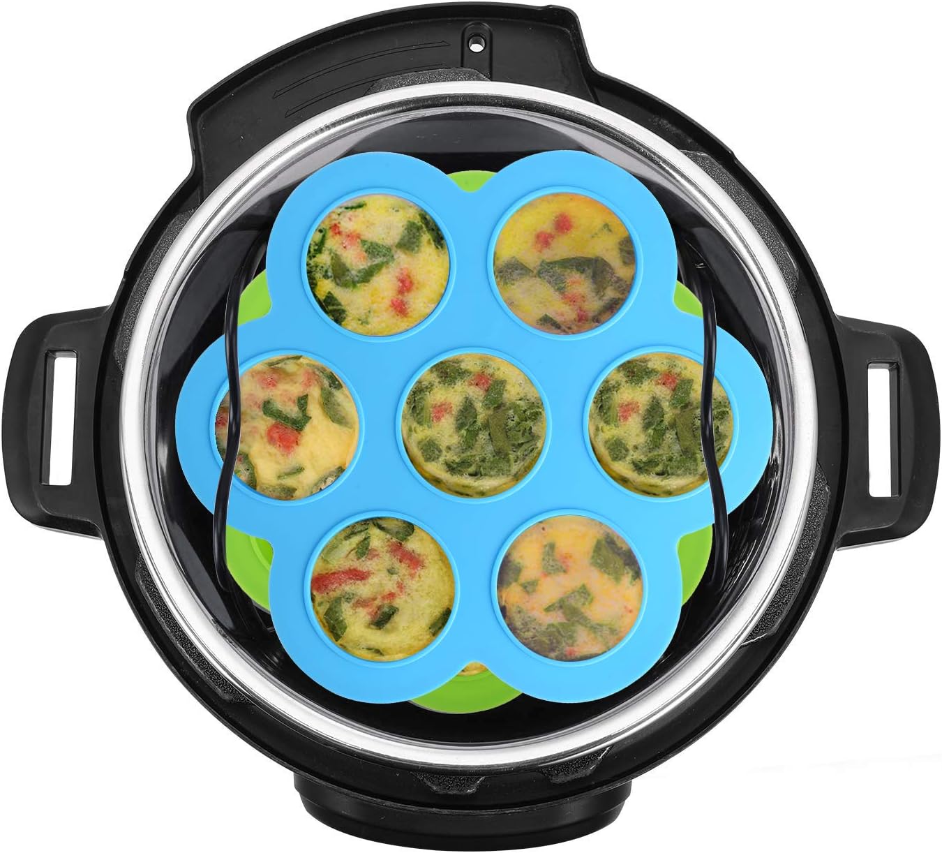 ROTTAY Silicone Egg Bites Molds and Steamer Rack Trivet with Heat Resistant Handles Fit Instant Pot Accessories, 7pcs set for 6qt & 8qt Electric Pressure Cooker With 2 Spoons and Silicone spatula