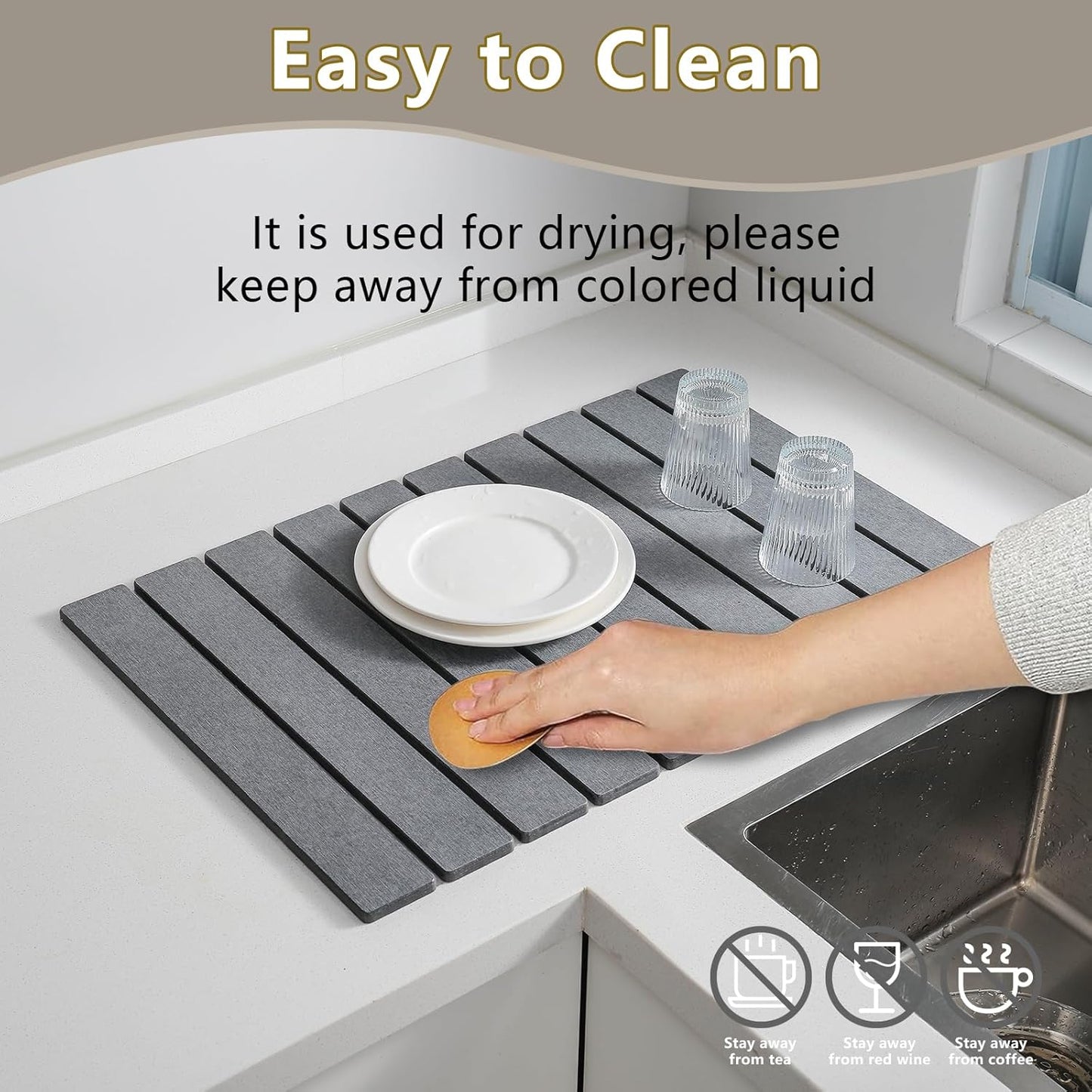 Large Stone Drying Mat for Kitchen Counter, 24''L x 16''W Diatomaceous Earth Collapsible Dish Drying Mat, Quick Drying Mat for Dishes, Bottles and Cups, Matches Any Countertop (Dark Gray)