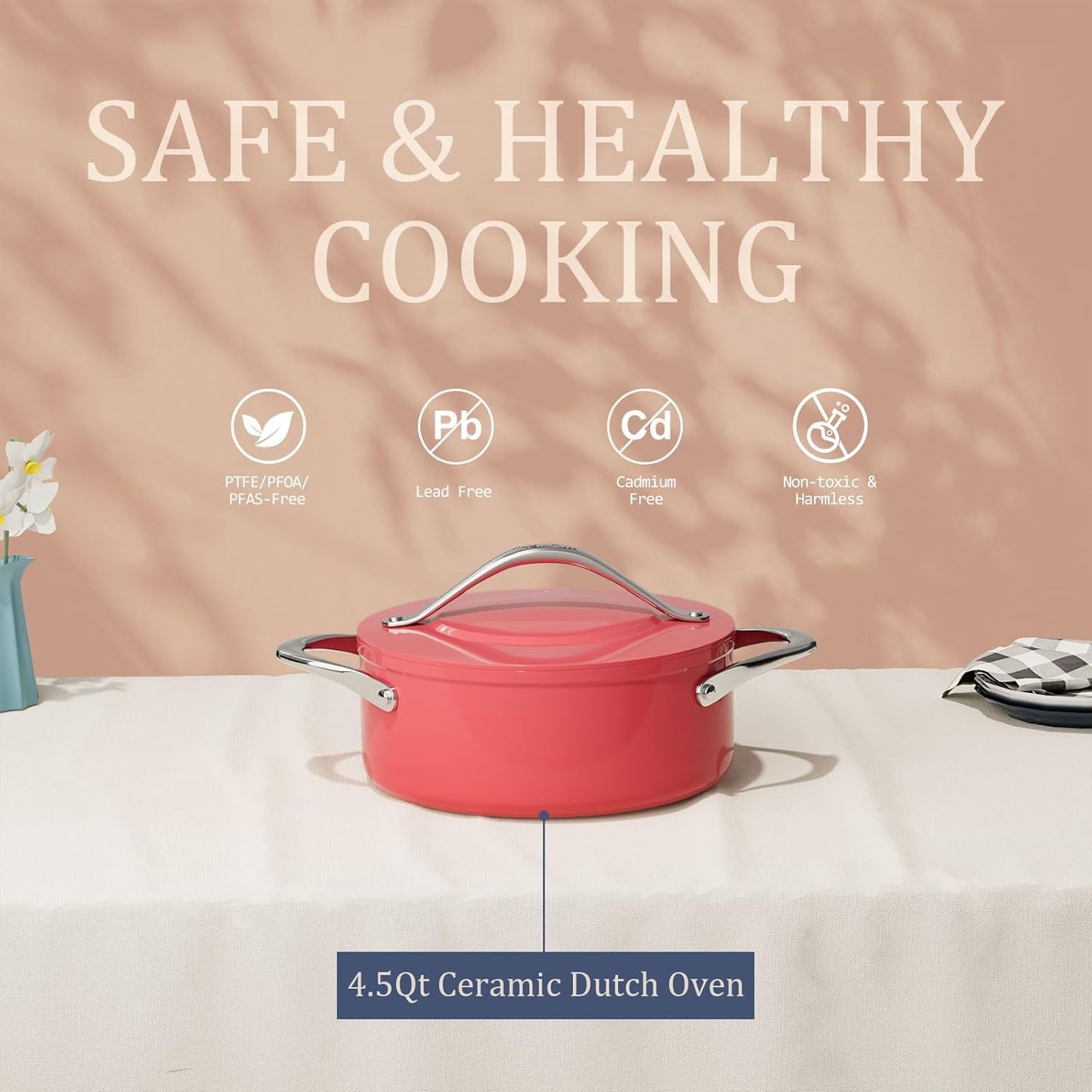 Stock Pot 4.5qt Dutch Oven with Lid (9.5") Nonstick Ceramic Coated Non-Toxic PFAS-Free Even Heat Distribution for Braising, Baking Bread & Soups, Compatible for All Cooktops(Induction/Gas/Electric) Oven Safe to 500°F (Fusion Red)