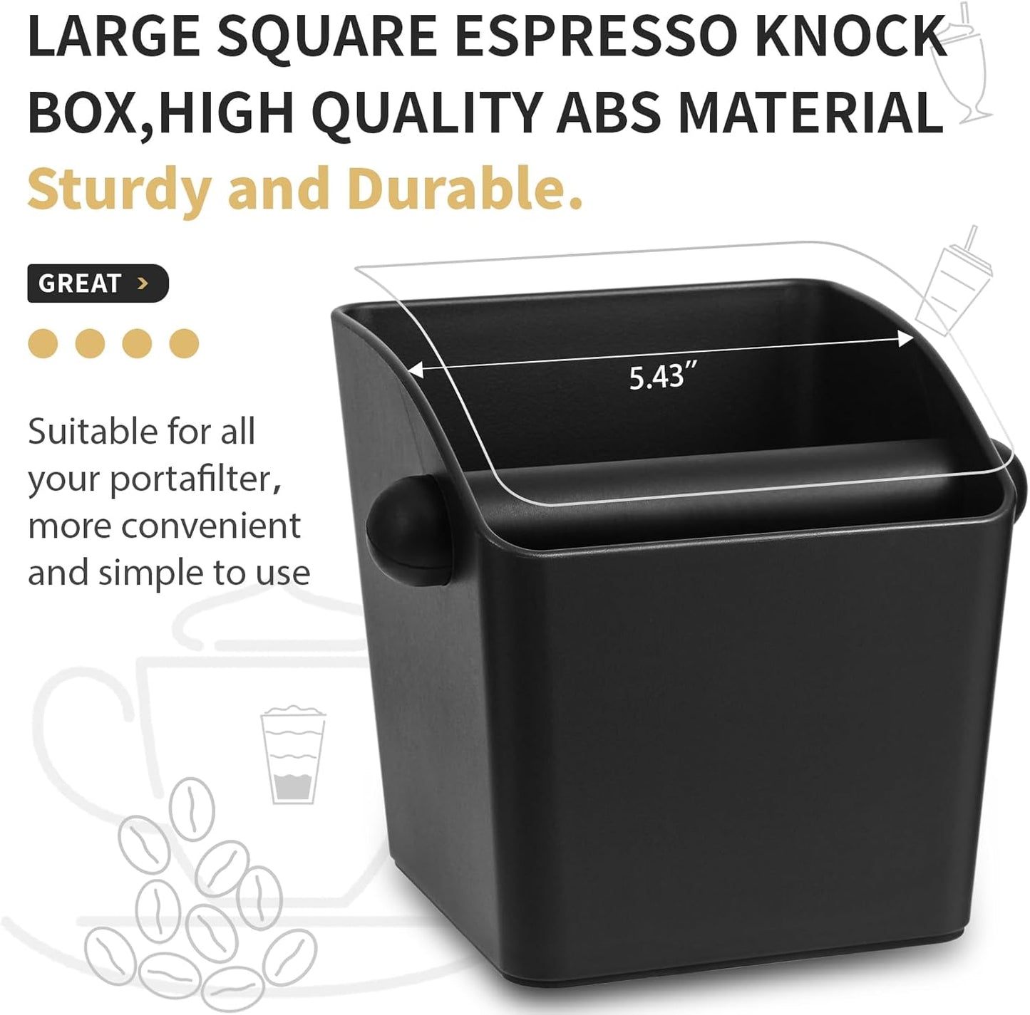 Large Square Knock Box Shock-absorbent Knock Box Espresso with Removable Knock Bar and Non-Slip Base Espresso Accessories for Home/Office (Large Black Knock Box)