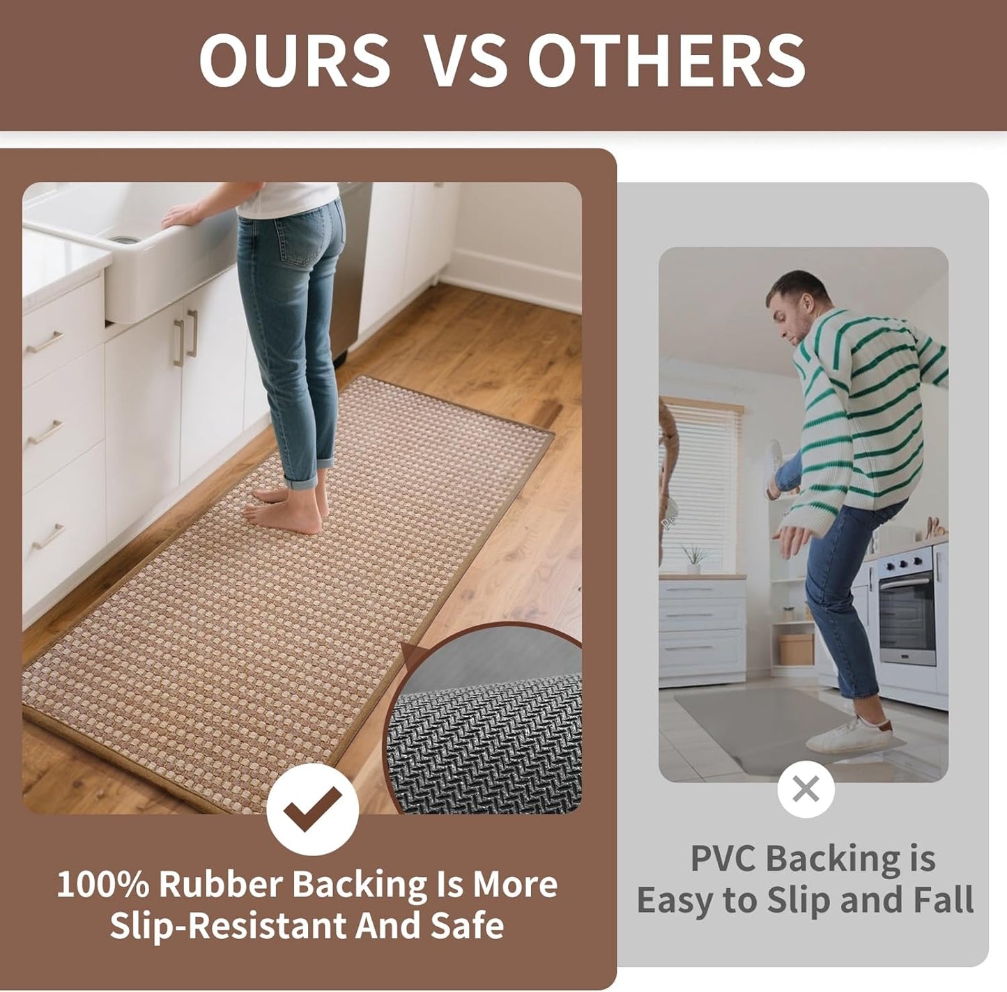 Long Kitchen Runner Rugs Kitchen Mat Non Slip Washable, Super Absorbent Soft Chenille Braided Kitchen Mats for Floor, Rubber Backing Kitchen Floor Sink Standing Mat, Easy Clean, Brown 17"x71"