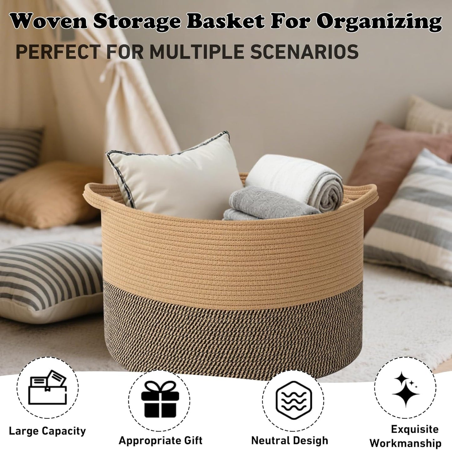 Large Blanket Basket for Organizing,115L Closet Organizers and Storage Bins Box for Shelves Woven Rope Storage Baskets,Living Room,Bedroom,Dorm,Laundry room (Jute&Black)