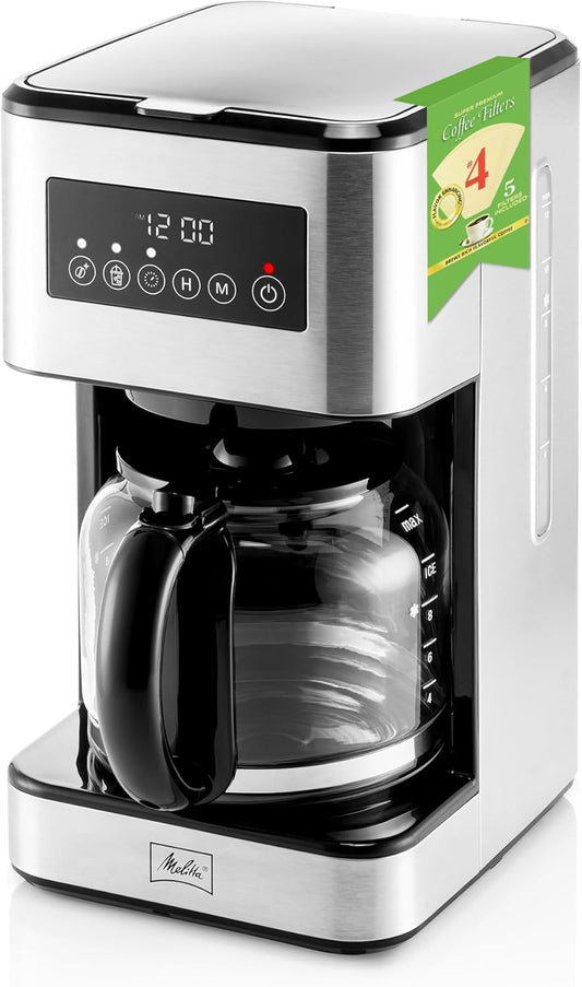 Melitta Aroma Series Programmable Drip Coffee Makers Parent (Aroma Tocco Plus Black and Stainless Steel 12 Cups) with 5-Pack Coffee Filters