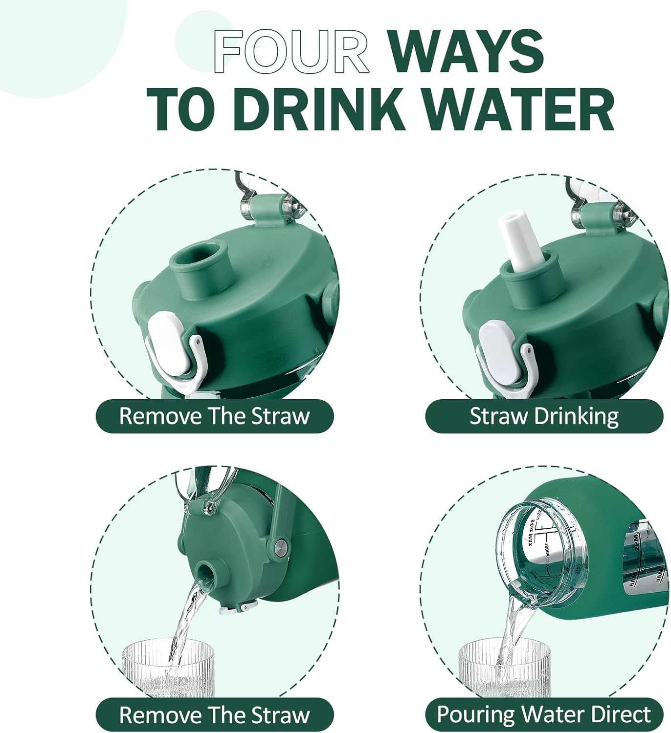 kytffu 64oz Glass Water Bottles with Straw, Half Gallon Motivational Glass Bottle with Silicone Sleeve and Time Marker, 2L Leakproof Large Glass Water Jug for Gym Home Office, Ink Green