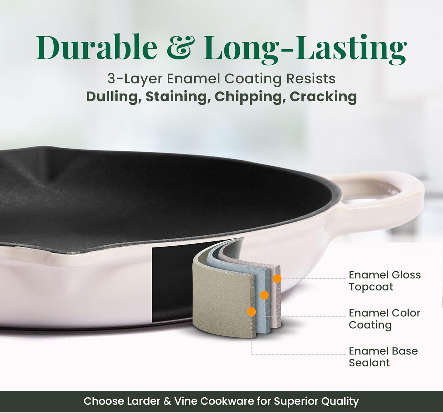 Larder & Vine Enameled Cast Iron Skillet | 10.25 inch Cast Iron Pan | Saute Pan with Pour Spouts | Enamel Coated Cast Iron Skillet | Compatible on All Cooktops & Oven Safe to 500° F | Stone