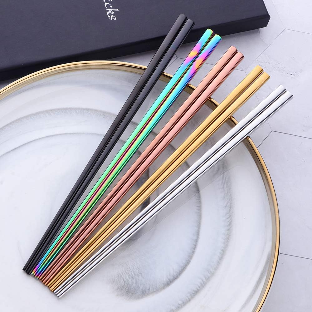Buyer Star 5-pair Colorful Stainless Steel Chopsticks - Reusable Chinese Square Chopsticks