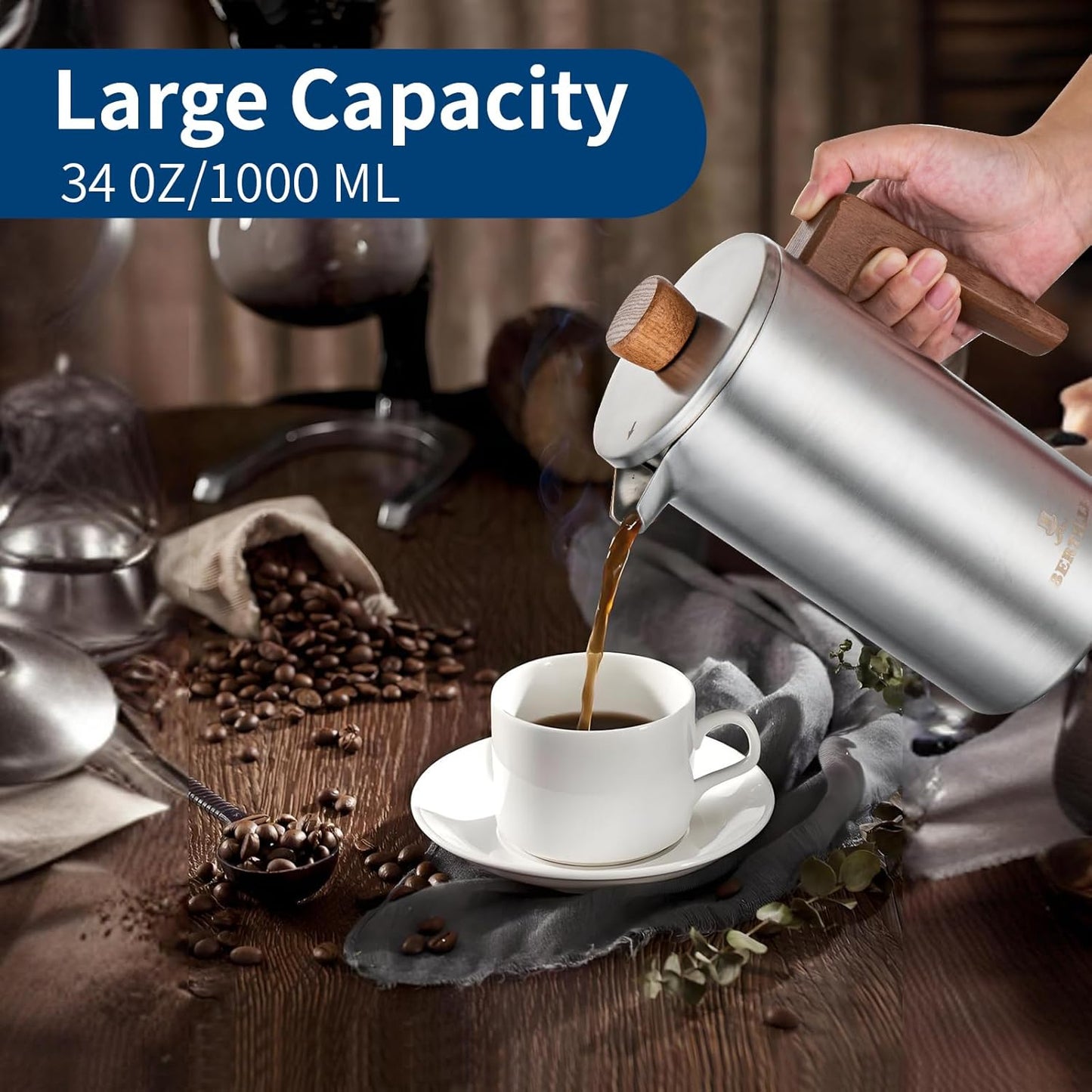 BERTILLE french press coffee maker, 34OZ 304 food stainless steel French press coffee maker with solid wood handle, double-layer insulation and 3-layer filtration system (silver)