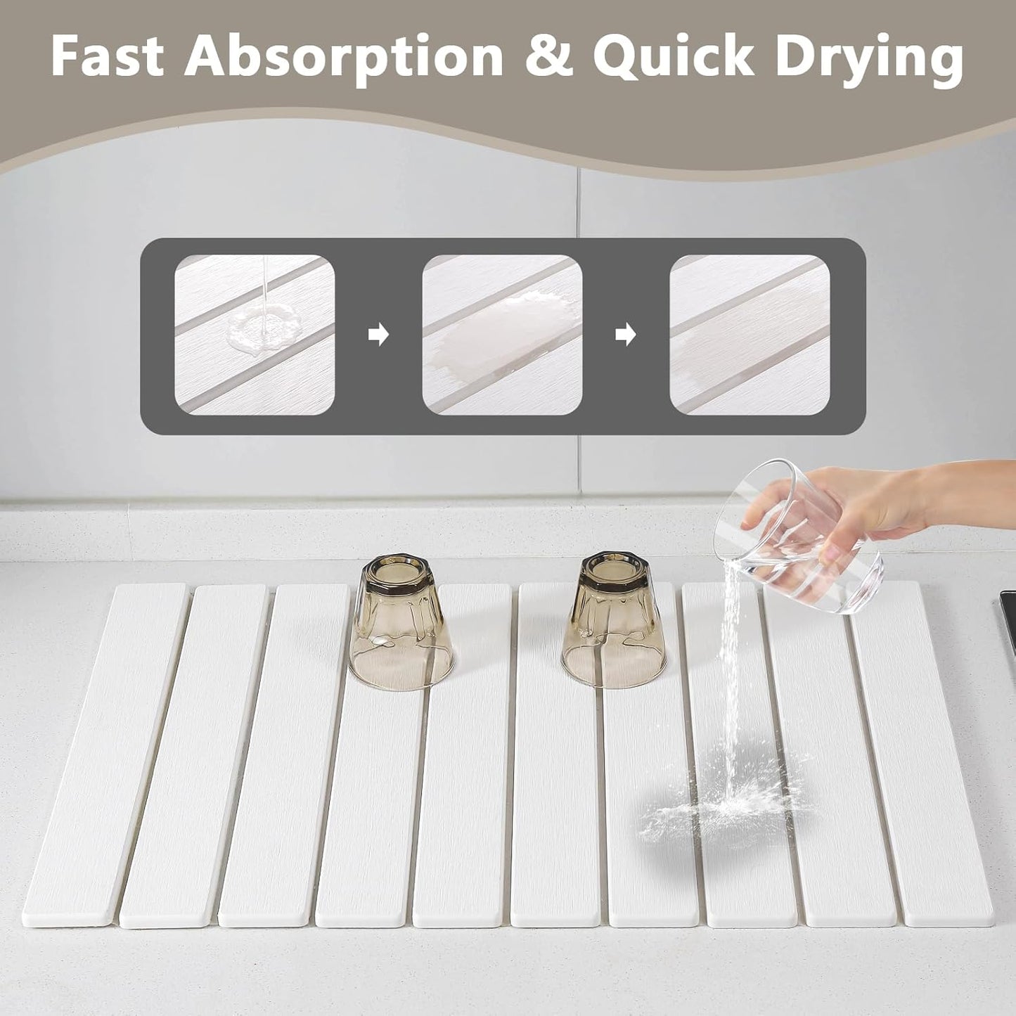 Large Stone Drying Mat for Kitchen Counter, 24''L x 16''W Diatomaceous Earth Collapsible Dish Drying Mat, Quick Drying Mat for Dishes, Bottles and Cups, Matches Any Countertop (White)