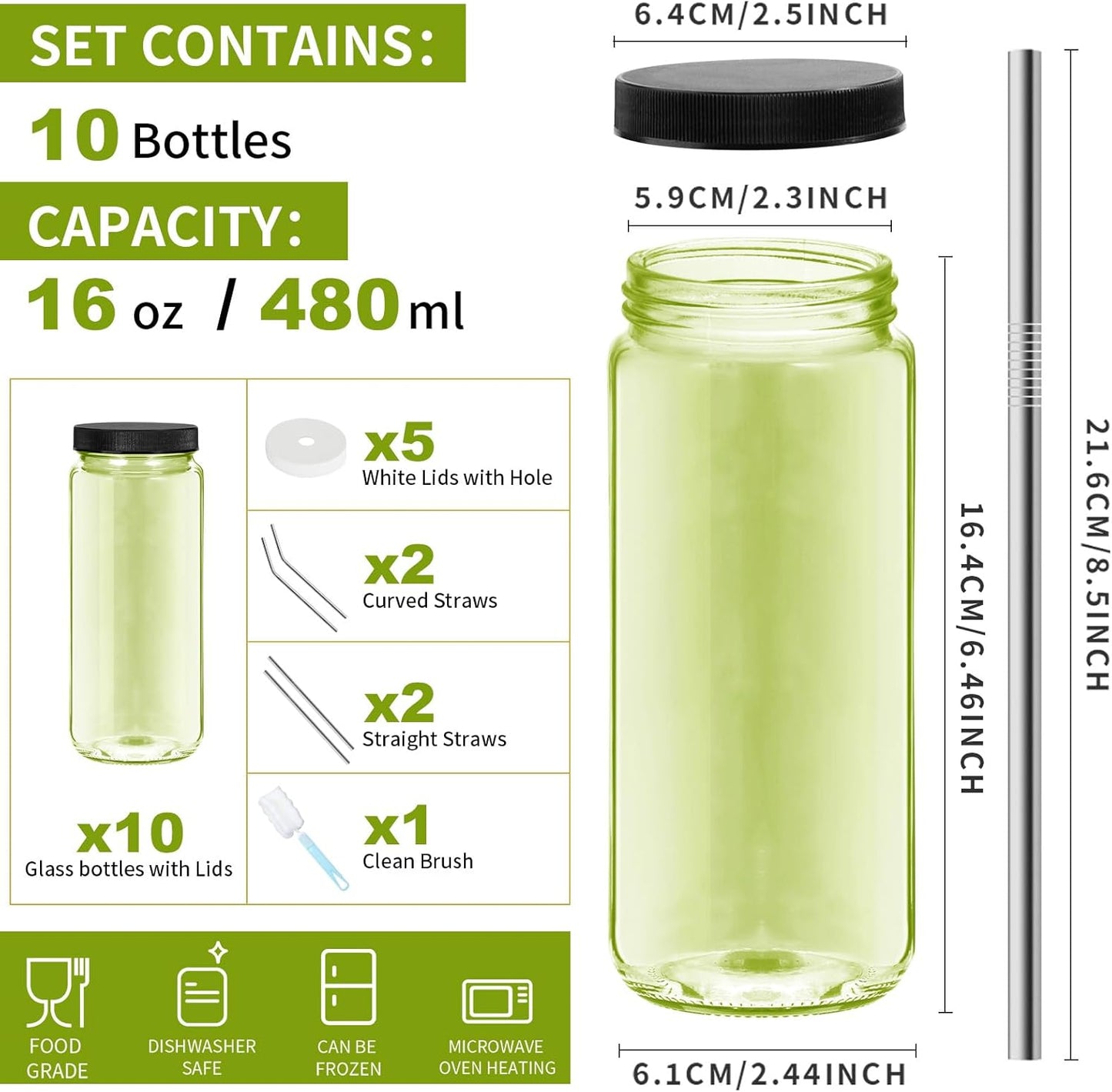 Ruckae Green 16oz 10 Pack Juice Bottles, Glass Bottles Juicing with Lids, Smoothie Cup Lids and Straws, Water Bottle Mason Jar Drinking Glasses for Juicing, Smoothies, Kombucha