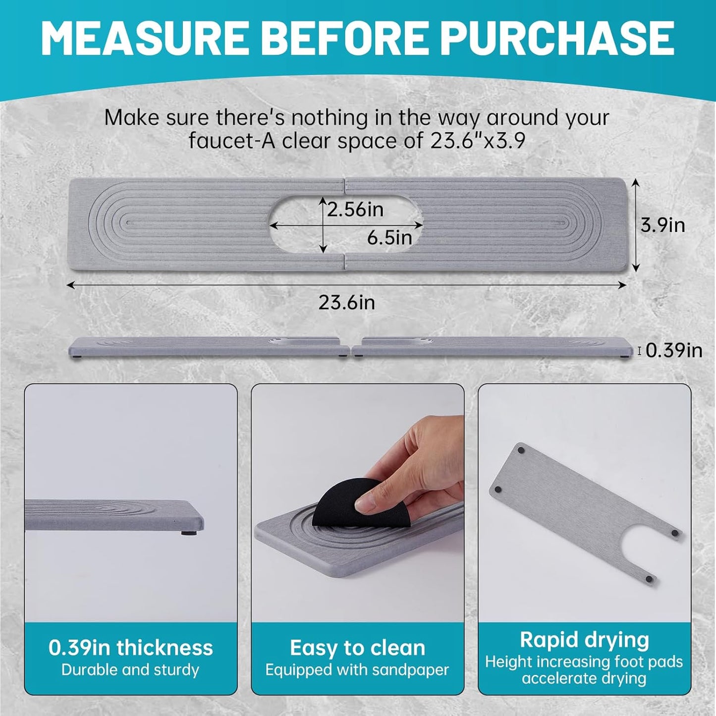 Stone Faucet Mat for Kitchen Sink with Oval Hole – 23.6" × 3.9" Diatomite Drying Stone Mat & Sink Protector, Quick-Dry Splash Guard Water-Absorbing Tray for Bathroom Counter（Gray.23.6" x 3.9"