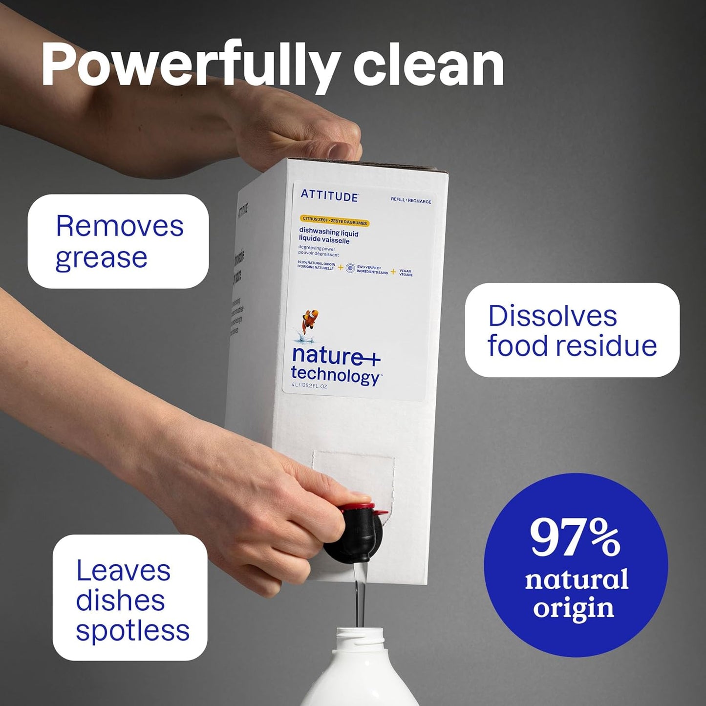 ATTITUDE Dish Soap Refill, EWG Verified, Plant-Based & Vegan Dishwashing Liquid, Naturally Derived, Pink Grapefruit, 135.3 Fl Oz