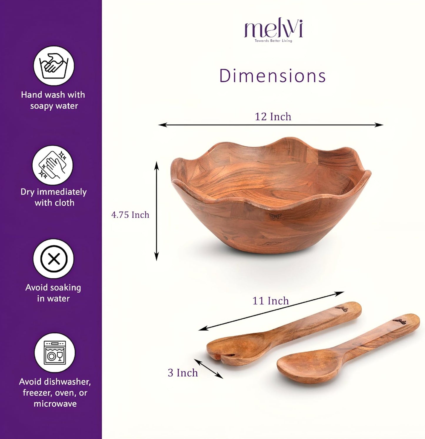 Melvvi Large Wooden Salad Bowl Set with 2 Small Bowls and 2 Serving Utensils | 12" & 6" Acacia Wood Bowls for Food | Great Gift for Kitchen & Dining (Natural Set of 5) (Natural Set of 3)