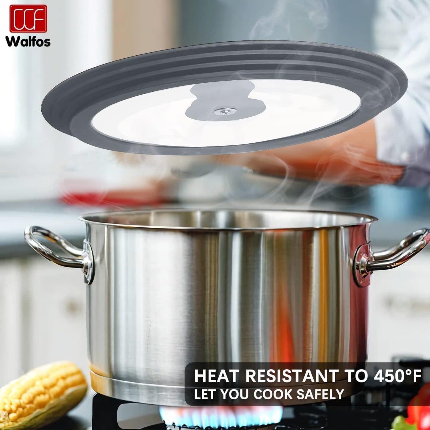 Universal Lid for Pots, Pans and Skillets - Walfos Tempered Glass Pan Lid with Heat Resistant Silicone Rim, BPA Free Large Pot Lids Fits 9.5", 10" and 11" Diameter Cookware, Dishwasher-Safe, Grey