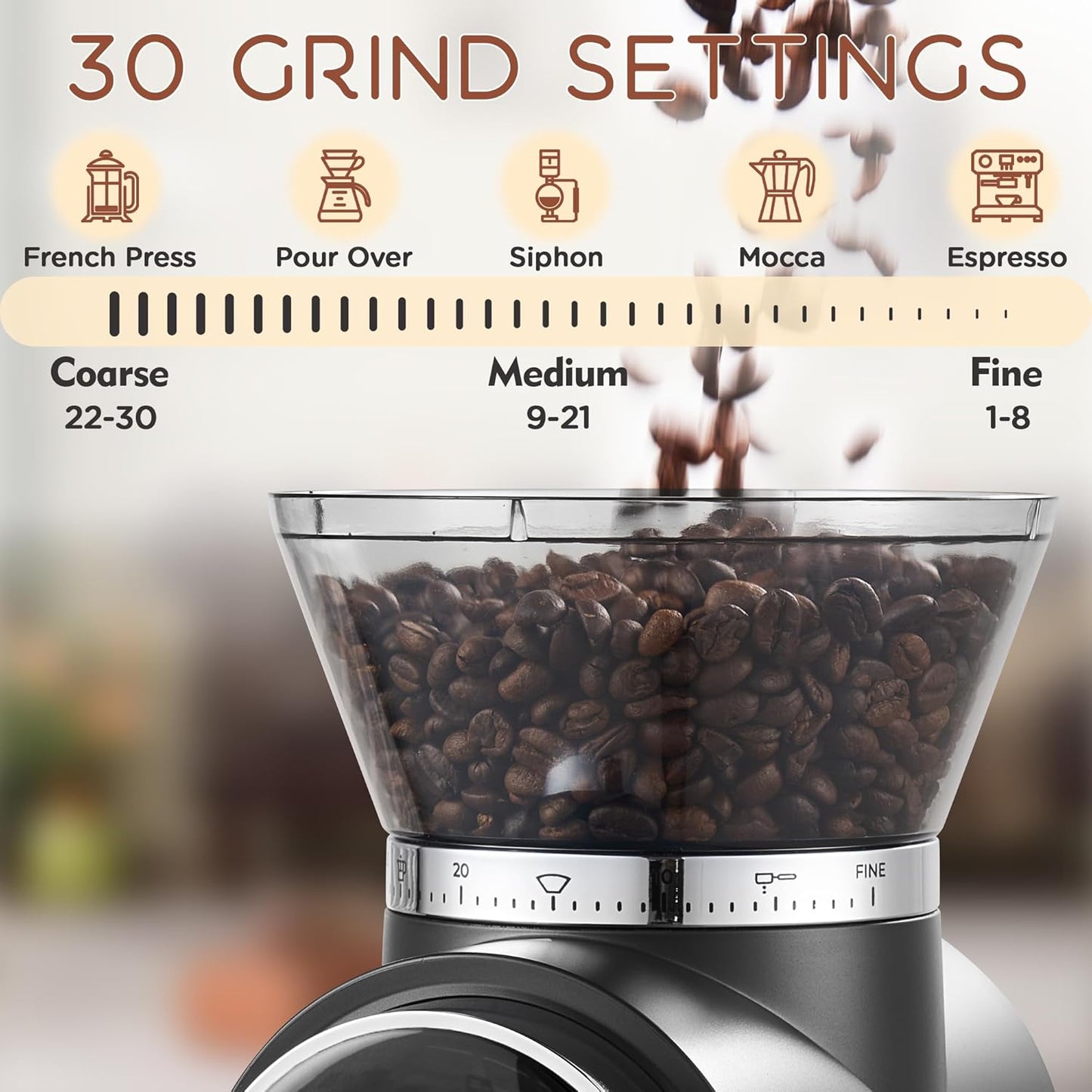 Coffee Grinder Electrical, Conical Burr Coffee Beans Grinder with 30 Grinding Settings, Touchscreen Burr Mill Grinder for Home Use with 2-12 Cups