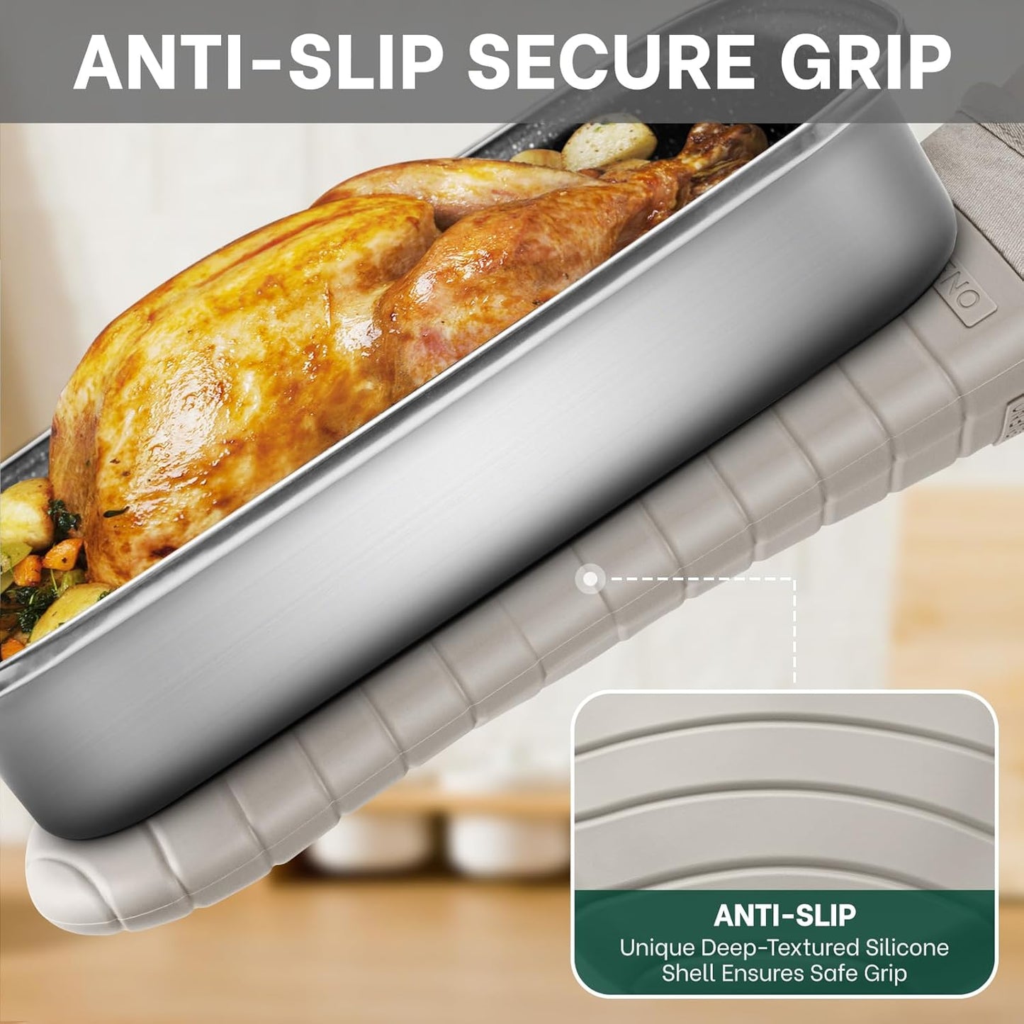 Beneno BPA-Free Silicone Oven Mitts, Heat Resistant Waterproof Oven Mitts with Non-Slip Textured Grip, Comfortable Quilted Lining, Kitchen Pot Holders for Cooking, Baking, Grilling, 7"x13", 2Pcs Beige