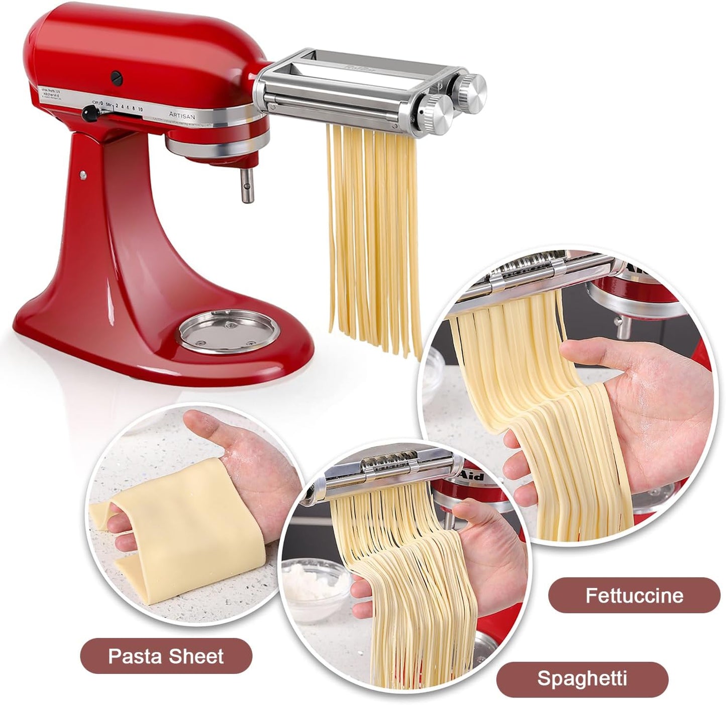 Pasta Maker Attachment for KitchenAid Stand Mixers, 3 in 1 Set Pasta Machine Attachment included Pasta Sheet Roller, Spaghetti Cutter, Fettuccine Cutter
